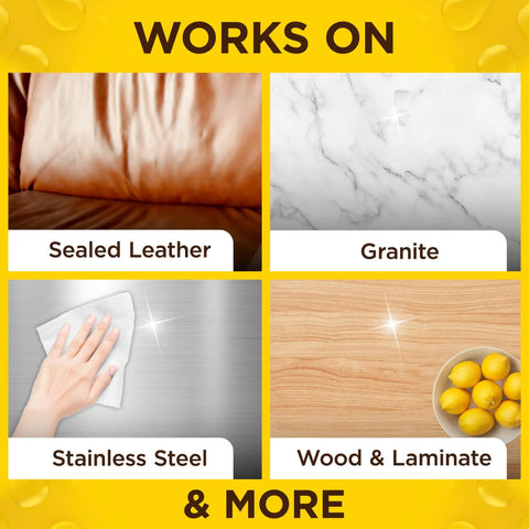 Expert Care Lemon Scent Wood Wipes For Polishing And Protecting Wood Furniture And Surfaces No Spray shown on various materials