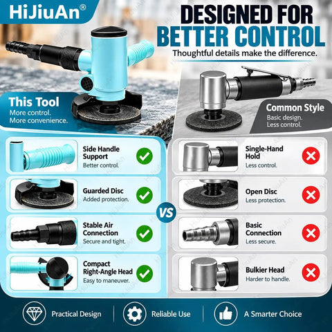 Heavy Duty Four Inch Pneumatic Angle Grinder Featuring Smooth Kickass Rotary Trigger And Clever Side Vent Exhaust For Zero Fuss Metal Grinding Polishing Air Powered Workshop Beast comparison image with design features and benefits.