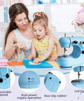 Get Your Threads Sorted Quick Super Portable Sewing Machine For Beginners with adjustable speed and LED light used by mother and daughter.
