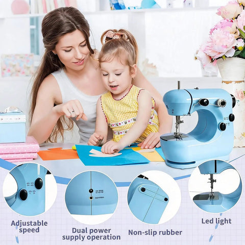 Straight Up Hassle Free Compact Mini Sewing Machine With Dual Speed Options Bright Led Lamp Extension Table And Slick All In One Beginner Kit For Diy Fabrics in use by a mother and daughter.