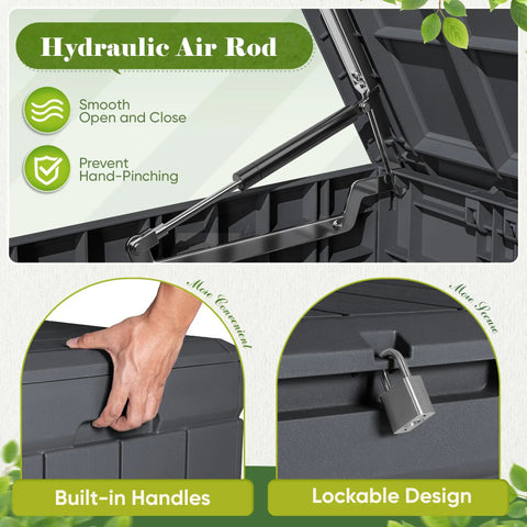 80 Gallon Resin Outdoor Storage Box With Wood Texture Waterproof Deck Box For Patio Cushions And Outdoor Gear No Fuss All Weather Storage Bin Grey That Stays Dry with hydraulic air rod and lockable design