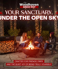 Group enjoying fire with Built Tough Indoor Outdoor Firewood Rack Set, Heavy Duty Steel Log Storage Holder, under trees at night.