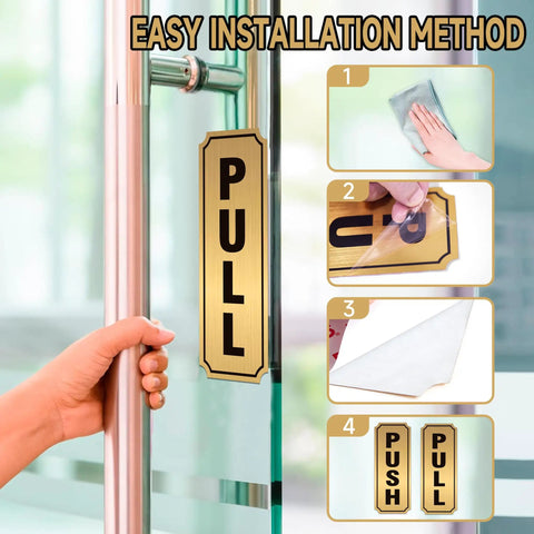 Push And Pull Door Sign Set Self Adhesive Durable Waterproof Vinyl Decals Black And Gold For Home Office Cafe Storefronts Glass Doors And Handles Easy Peel And Stick 7.8 Inch By 3.1 Inch installed on glass door handle
