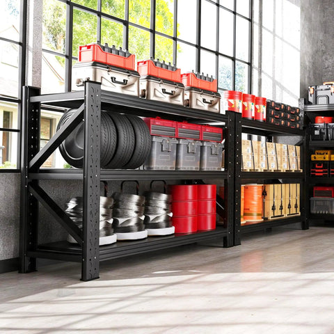 Heavy Duty Metal Garage Shelving Unit With Fully Adjustable Shelves holding various tools and storage bins in a garage.