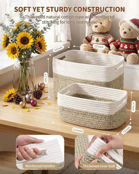 Get Your Home Sorted And Level Up Your Organization Game With This Six Piece Foldable Woven Storage Basket Set Perfectly Sized To Tackle cabinet clutter with cotton baskets on a table.