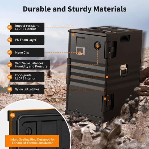 127 Qt Food Warmer Hot Box Carrier with Lockable Wheels and Double Buckles, highlighting impact-resistant LLDPE exterior.