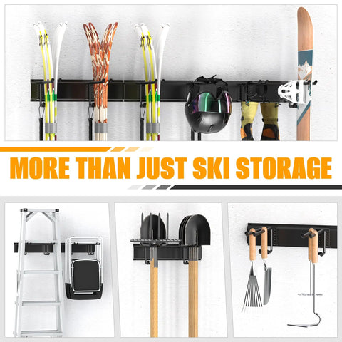 Sick Wall Mounted Ski Storage Rack That Handles 8 Pairs And Keeps Your Garage Clean With Dedicated Space For Snowboards Ski Poles And Helmets.