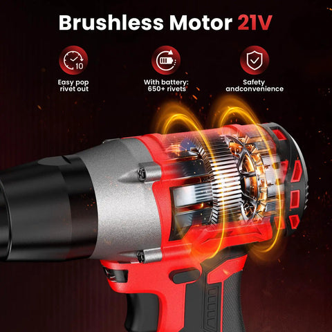 Badass Cordless Electric Rivet Gun Kit With 20 Volt Brushless Motor showcasing the motor design and charging indicator for efficient use.
