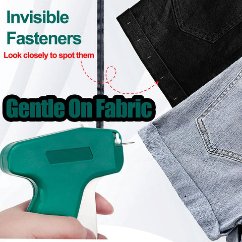 Top Shelf Clothing Stitch Gun Kit With No Sweat Quick Fix Sewing Tool for easy fabric fixes on denim and black fabric.