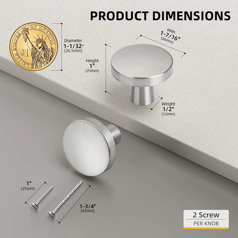 Straight Up Brushed Nickel Cabinet Knobs For Kitchen Updates Made From Rugged Zinc Alloy With Clean Satin Look Comes Fully Equipped With Mounting Hardware For Zero Sweat Installation And Instant Space Refresh, showing product dimensions and screws.