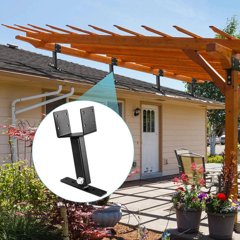 Pro Heavy Haul Adjustable Saddle Pergola Roof Riser Kit For 4x4 Wood Beams Solid Carbon Steel Rust Proof Black Finish on wooden pergola.