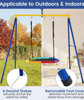 Heavy Duty 550lbs Metal Swing Set for Backyard Built Like a Tank Full Steel A Frame Swing Stand All Weather with Ground Stakes Adjustable Ropes Kid Approved Indoor Outdoor Fun Gift in outdoor and indoor settings; blue and yellow A-frame; circular swing.