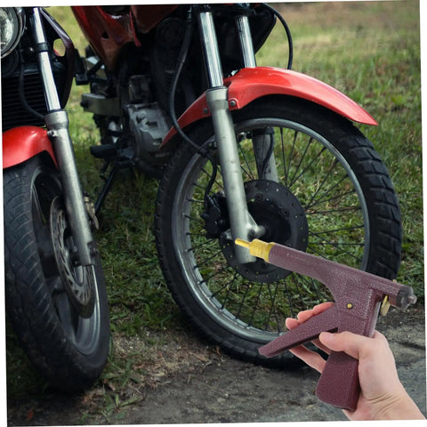 Complete Heavy Duty Motorcycle Tire Repair Kit Featuring Abs Metal Plug Insertion Tool next to motorcycle wheel on grass.