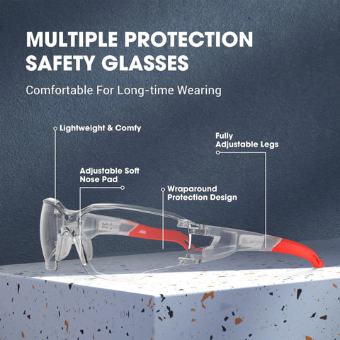Tough As Nails Clear Safety Glasses Featuring Scratch Resistant Lenses And ANSI Z87 Certification For Heavy Workshop Labor with adjustable red legs.