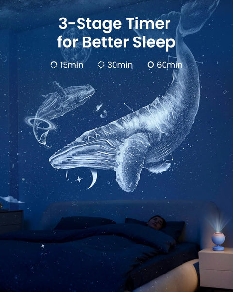 Galaxy Star Projector For Bedroom With Replaceable Optical Film Discs, projecting whales and stars on walls for relaxation.