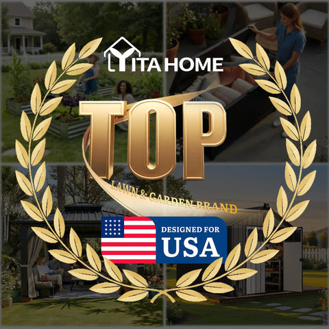 Brand collage highlighting an outdoor space with people using garden tools. "Top Lawn & Garden Brand" and "Designed for USA" badge.