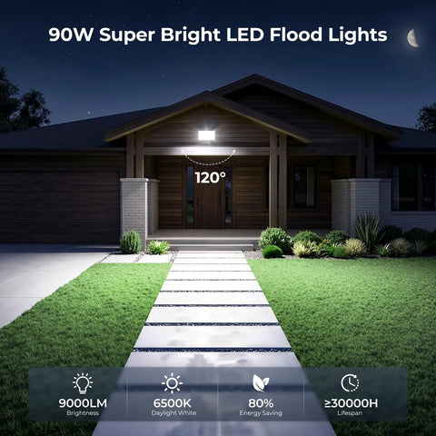 90W LED Flood Lights Outside Hella Bright 9000LM 6500K Daylight White illuminating pathway of modern house at night.