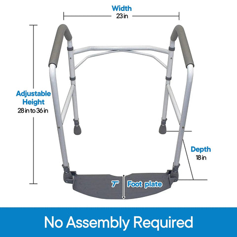 Hassel Free Folding Toilet Safety Frame And Super Solid Portable Bathroom Handrail With Comfy Foam Armrests dimensions showing adjustable height and no assembly.