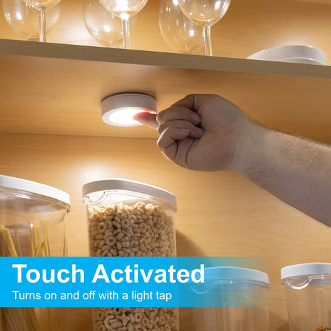 Wireless LED Puck Lights 8 Pack Battery Powered 20 Lumens Touch Tap Lights Stick On Under Cabinet Lighting in kitchen cabinet