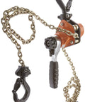 Mini Ratchet Lever Chain Hoist With 6-3/8 Inch Lever, 1100 Lbs Capacity, 5 Foot Lift, plated load chain, rubber grip handle shown