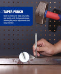 Taper Punch from the Knockout Five Piece Punch And Chisel Set Forged From Tough Chrome Vanadium Steel in use on metal.