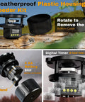 Diy Deer Feeder Kit With Digital Timer And Spinner Motor showing weatherproof plastic housing with battery slot and timer display.