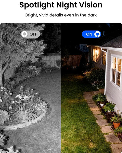 Outdoor view showing Lumus 2K Wireless Outdoor Security Camera with Spotlight Color Night Vision, comparing night vision on and off.
