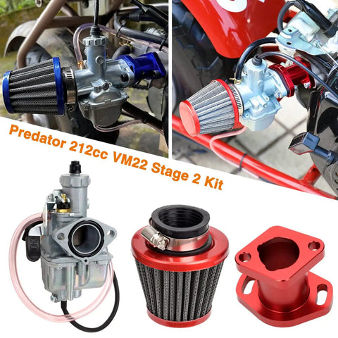 Performance VM22 26mm Carburetor for Predator 212cc with 38mm Air Filter, Intake Manifold, and Red Stage 1 Kit components overview