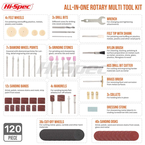 Rock Solid 130W Corded Rotary Multi Tool Kit For Cutting Drilling Engraving And Polishing With Dremel Compatible Bits included in 120-piece set.