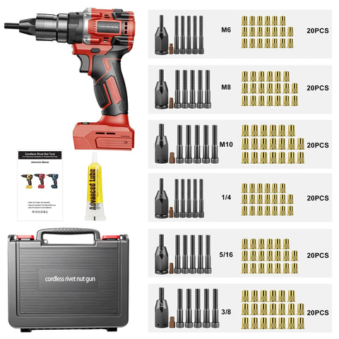 Heavy Duty Brushless Cordless Rivet Nut Gun And Tapping Wrench Set Featuring Six Swappable Imperial Metric Inserts For Grease Monkey Approved Auto Fabrication Projects Tool Only in a comprehensive tool kit with inserts.