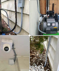 Two 25 Foot Liquid Tight Conduit And Connector Kit installed outdoors for weatherproof wire routing with PVC conduits and fittings displayed.