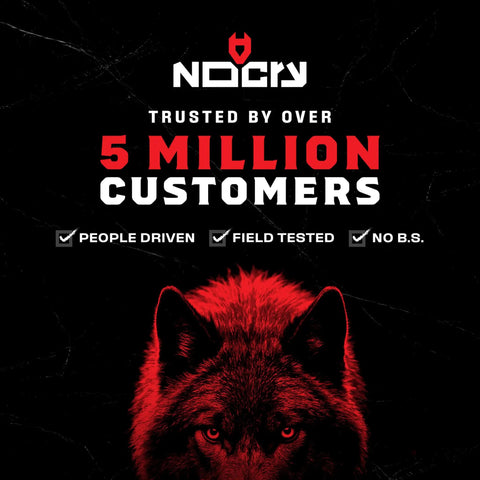 Brand logo with red wolf graphic and text 'Trusted by Over 5 Million Customers, People Driven, Field Tested, No B.S.'