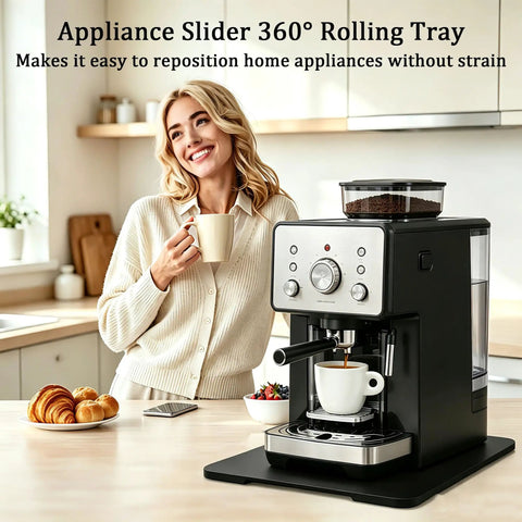 Premium Bamboo Appliance Slider Tray With Universal Rotating Wheels For Countertops And Drawers beside a coffee maker on a kitchen counter.