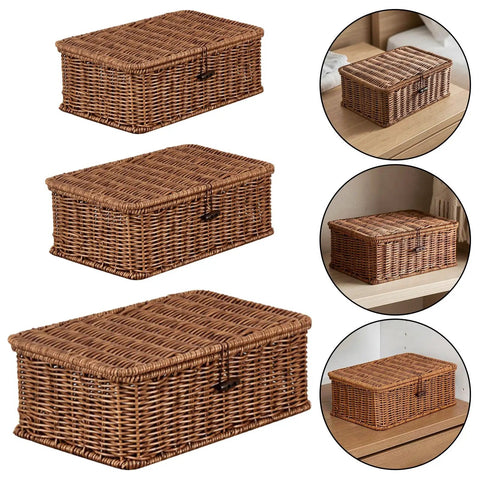 Three Piece Rectangular Woven Storage Bins With Lids Feature Slick Plastic Rattan Construction To Keep Your Home Tidy And Knocking Out Daily Clutter With Zero Hassle Prime Pick For Any Home Or Office - stacked and displayed.