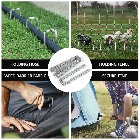 Heavy Duty 6 Inch 11 Gauge Galvanized Landscape Staples 100 Pack For Securing Weed Barrier Fabric Irrigation Hoses Netting And Outdoor Decor Garden Stakes And Sod Pins For Lawn And Patio Projects shown as multiple uses including hose, netting, fabric, and tent securing.