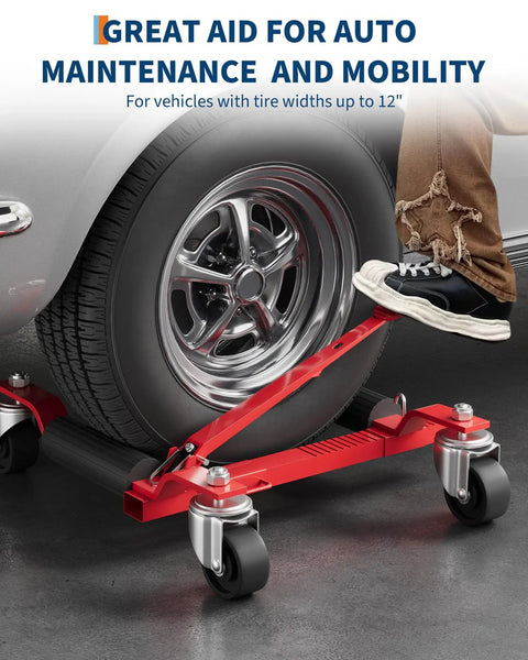 Professional Top Tier Pack Of 4 Heavy Duty Auto Wheel Dollies With 6000 Lbs Capacity And Ratcheting Foot Pedal for easy vehicle movement.