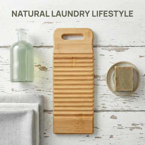 No Sweat Bamboo Washboard For Hand Washing Clothes With Non Slip Base And Deep Grooves To Hustle Out Tough Stains From Shirts Socks And Undies Portable Wooden Laundry Scrubber For Sink Or Campout on a wooden table.