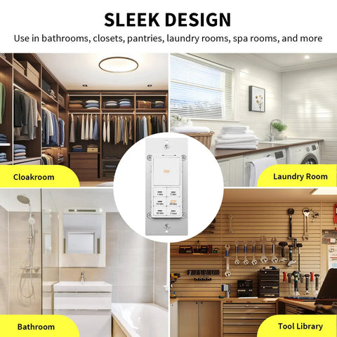One To Sixty Minute Countdown Light Switch With Adjustable LED Brightness For Bathroom Fans And Heaters, shown in various rooms
