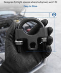 Heavy Duty Carbon Steel Inner Tie Rod Wrench With Low Profile 3/8 Inch Drive Fits 30 To 33 Millimeter Steering Ends held in hand.