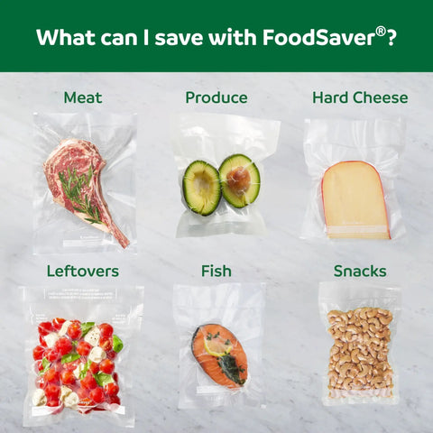 Assorted vacuum sealed food items showcasing meat, produce, fish, cheese, leftovers, and snacks with the Heavy Duty 2 In 1 Vacuum Sealer Machine With Automatic Bag Detection And Starter Kit Keeps Your Grub Legit Fresh Blocks Freezer Burn Meal Prep Essential Zero Waste Kitchen Game Changer.