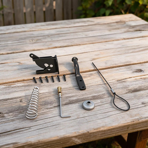 Heavy Duty Reliable Solid Carbon Steel Automatic Gravity Gate Latch With Self Locking Spring Catch For Driveway Man Gate parts laid on a wooden table.