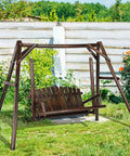 Wooden 2-Seat Porch Swing With A-Frame Stand For Outdoor Patio Garden Bench Slatted Design Carbonized Finish 550 Lbs Capacity
