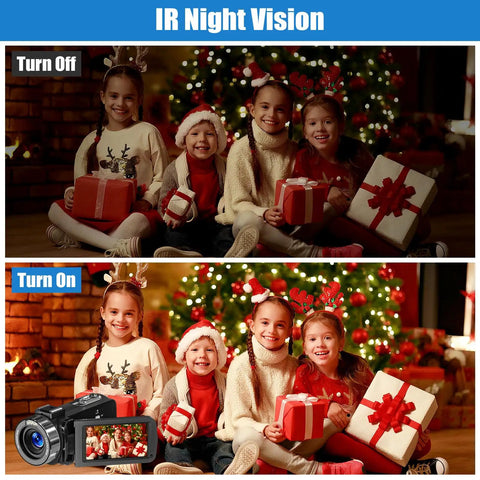 IR night vision feature of 4K Camcorder For YouTube Vlogging With 80MP Image Capture, showing improved brightness in low light.