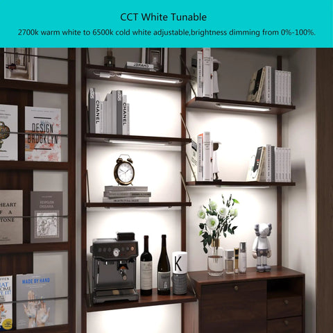 Under Cabinet LED Strip Lights Dope RGB Color Changing With Dimmable White installed on kitchen shelves, showcasing dimmable lighting.