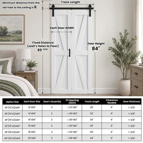 Image showing Game Changing 30 Inch Bifold Barn Doors With 34 Inch Hardware Kit Included and dimensions in a modern home setting.