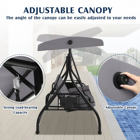 Outdoor Three Seat Porch Swing With Canopy And Stand showing adjustable canopy and sturdy steel frame by poolside
