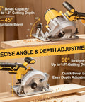 5.5 Inch Cordless Circular Saw Tool Only Compatible With DeWalt 20V Max Batteries showing adjustable bevel and depth settings.