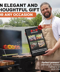 Man holding Ultimate Grill Master Gear Set for Blackstone Griddle Premium Stainless Steel BBQ Accessories box near grill