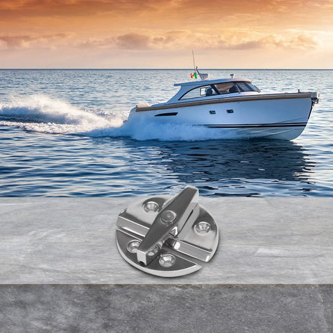 316 Stainless Steel Marine Twisting Locking Latch Heavy Duty Hatch Catch on boat surface, salt water resistant.