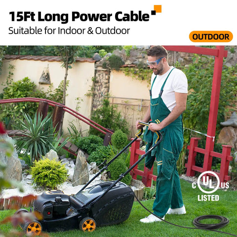Man using 15 Ft extension cord with lawn mower in garden, demonstrating Heavy Duty 15 Ft Extension Cord Built Damn Tough With 3 Prong Grounded Plug 16 AWG Weather Resistant Outdoor Power Cable For Shop Tools And Gear Flame Retardant Flexible Black.